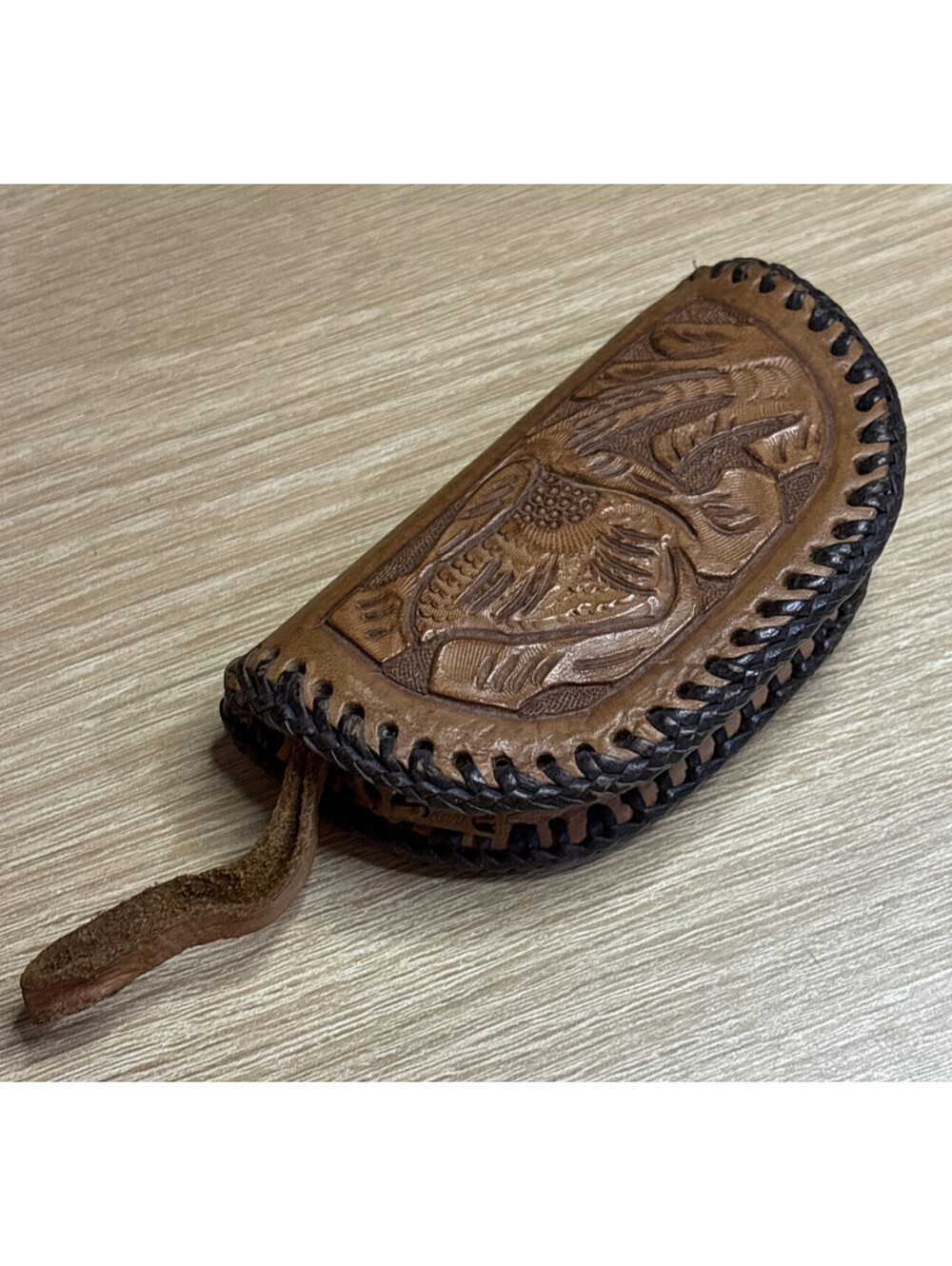 Vntg Kent Hand Tooled Leather Zipper Coin Purse Floral Whipstitch Brown Wallet